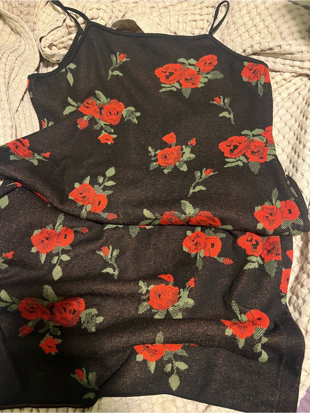 SHEIN Black Midi Dress with Red Rose and Green Leaf Print
